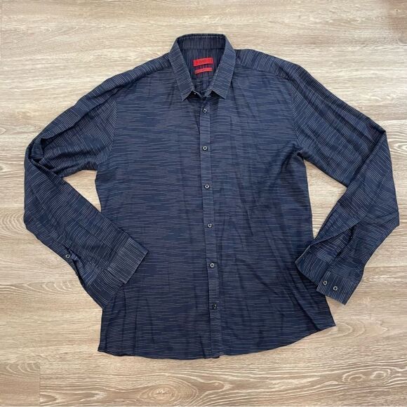 HUGO Hugo Boss Navy Blue Super soft stretchy Cotton Button Up Shirt L - Picture 1 of 12